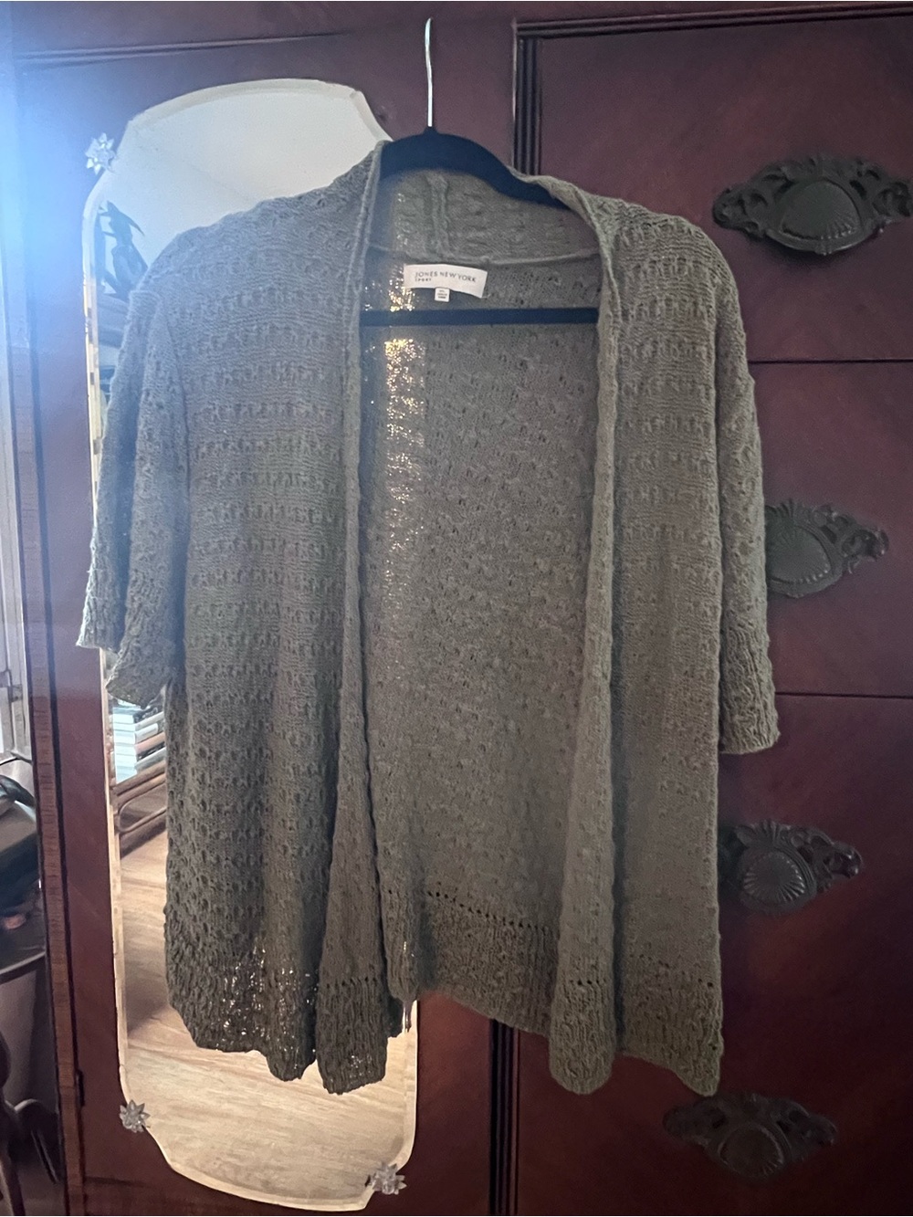 Jones New York Olive Open-Front Lightweight Knit Cardigan